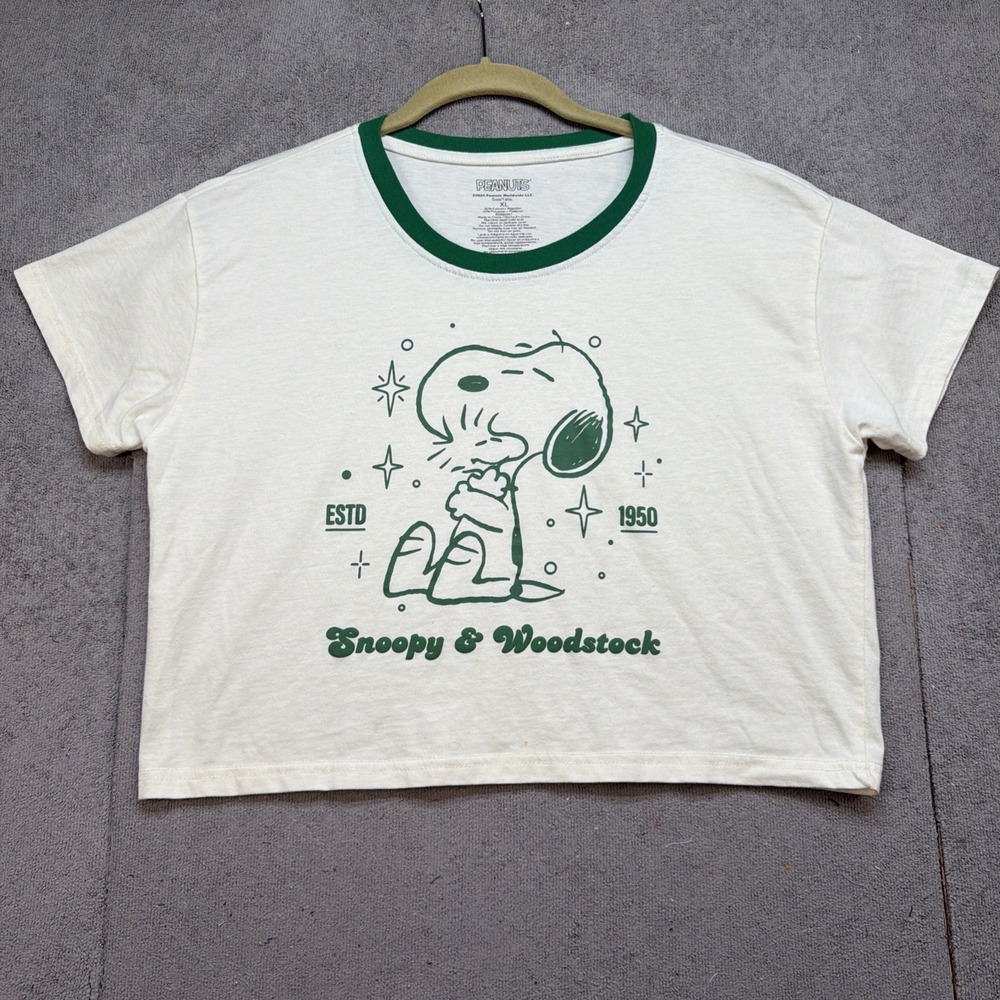 Peanuts Snoopy Woodstock Cropped Graphic T Shirt Ringer Cream Green XL‎